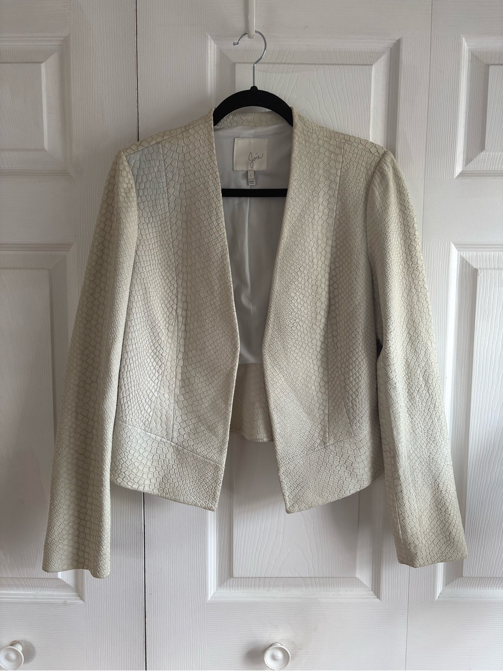 Joie Crocodile Snake Skin Effect Lamb Leather Ivory Moto Jacket L Open Front